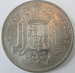 Authentic SPAIN Issue Coin, Dated 1949, Cinco Five 5 Pesetas, Francisco Franco, Nickel Content