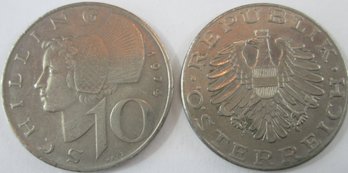 Set Of 2! Authentic AUSTRIA Issue Coins, Dated 1974 & 5, Ten 10 Schilling, Copper Nickel Content, Discontinued