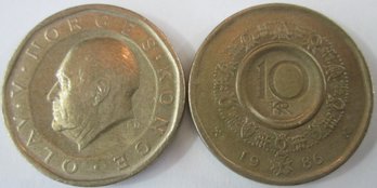Set 2 Coins! Authentic NORWAY Issue, Dated 1985 & 86, 10 KRONER, Depicts OLAV V, Nickel Silver Content