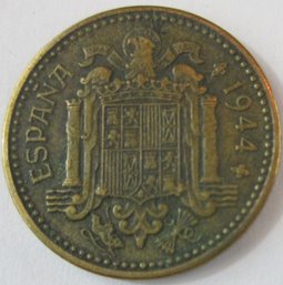 Authentic SPAIN Issue Coin, Dated 1944, One 1 PESETA, Aluminum Bronze Content, Discontinued Design