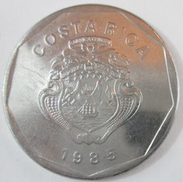 Authentic COSTA RICA Issue Coin, Dated 1985, Twenty 20 Colones, Stainless Steel Composition