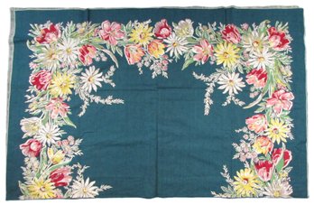 Vintage MCM TABLE CLOTH, Woven Cotton Fabric, Printed Multicolor FLORAL Pattern, GREEN Background Appx 64'