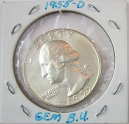 Authentic 1955D WASHINGTON QUARTER Dollar Twenty Five Cents $.25, DENVER Mint 90 Percent SILVER, United States