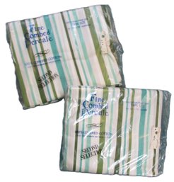 Set Of 2 New Old Stock! Vintage TWIN Fitted Sheets, Tonal Green Stripes, 100 Cotton Percale
