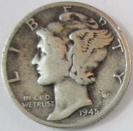 Authentic 1945P MERCURY SILVER DIME $.10 Cents, PHILADELPHIA Mint, 90 Percent Silver, Discontinued US Type