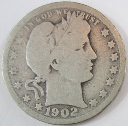 Authentic 1902P BARBER Or LIBERTY SILVER QUARTER $.25, Philadelphia Mint, 90 Percent Silver, United States