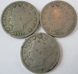SET Of 3 COINS! Authentic 1910P, 1911P & 1912P 'v' LIBERTY NICKELS $.05 Philadelphia Mint United States