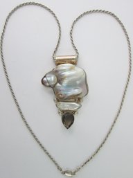 Statement Necklace, Huge Natural Mother Of PEARL Design, Smoky Teardrop, Sterling 925 Silver, ITALY, Clasp