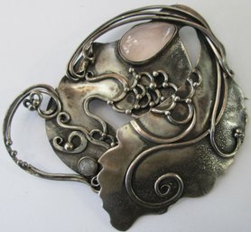Vintage BROOCH PIN, Fluid MODERNIST Design, Rose Quartz Cabochon, Sterling .925 Silver Setting