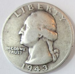 Authentic 1943P WASHINGTON SILVER QUARTER Dollar $.25, Philadelphia Mint, 90 Percent Silver, United States