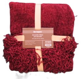 NOS Pier 1 Brand, Blanket THROW, Burgundy Red Color, Plush Chenille Stitch, Fringe, Approx 50' X 60'
