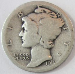Authentic 1917P MERCURY SILVER DIME $.10, Philadelphia Mint, 90 Percent Silver, Discontinued United States