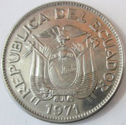 Authentic ECUADOR Issue Coin, Dated 1971, One UN 1 SUCRE, Nickel Content, Discontinued Style