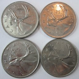 Set Of 4 Coins, Authentic CANADA Issue, Dated 1974, 75, 76 & 77, STAG Quarter $.25 Cents, Nickel Content