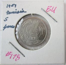 Authentic TUNISIA Issue Coin, Dated 1957, Five 5 Francs Denomination, Copper Nickel Content, Discontinued