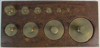 Vintage Balance Scale WEIGHTS, Ten 10 Brass Weights, Wooden Block Case, Approximately 10'