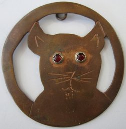 Handcrafted Vintage Drop Pendant, KITTY CAT Design, Red Cabochon Eyes, Copper Tone Base Metal Finish