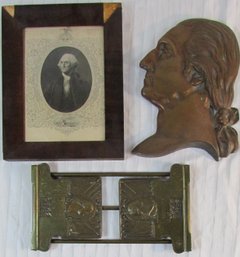 SET Of 3! Vintage US PRESIDENT George Washington, Cast Profile, Brass Bookend, Early Print