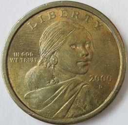 Authentic 2000D SACAGAWEA DOLLAR $1.00, DENVER Mint, Gold Hue, Discontinued United States