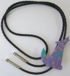 Vintage BOLO TIE, Whimsical HOWLING At The MOON Design, Painted Purple Color, Braided Cord