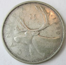 Authentic CANADA Issue Coin, Dated 1959, STAG Quarter $.25 Cents, Depicts Elizabeth II, Silver Content