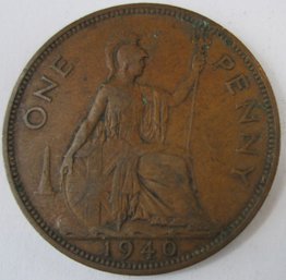 Authentic GREAT BRITAIN Issue, Dated 1940, One 1 Penny, Depicts GEORGE VI, Discontinued Design, Copper Content