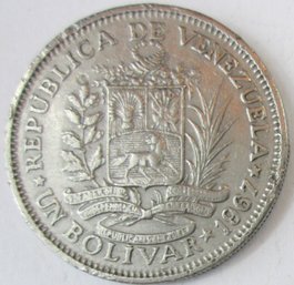 Authentic VENEZUELA Issue Coin, Dated 1967, One 1 Bolivar Denomination, Nickel Content, Discontinued