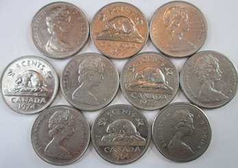SET Of 10 COINS! Authentic BEAVER NICKELS $.05, Mixed Dates, CANADA Issue, Type Coins