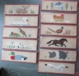 Set Of 11! Vintage GEORGE WELLS Stair Treads, Hooked Rug ANIMAL Themes, Neutral Background, Approx 31' X 9'