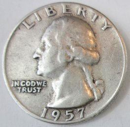 Authentic 1957P WASHINGTON SILVER QUARTER $.25 Dollar, 90 Percent Silver, Philadelphia Mint, United States