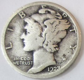 Authentic 1923P MERCURY SILVER DIME $.10, Philadelphia Mint, 90 Percent Silver, Discontinued United States