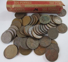 LOT Of 50 Coins! Authentic WHEAT LINCOLN Cent Penny $.01, Mixed Dates, Copper Content, United States