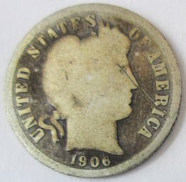 Authentic 1906P BARBER Or LIBERTY SILVER DIME $.10, Philadelphia Mint, 90 Percent Silver, United States