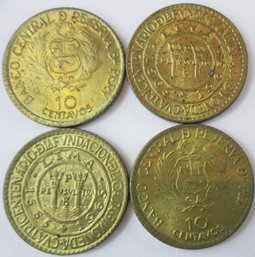 SET 4 Coins! Authentic PERU Issue, Dated 1965, Ten 10 CENTAVOS, Brass Content, Discontinued