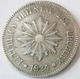 Authentic URUGUAY Issue Coin, Dated 1924, Two 2 Centesimos, Discontinued Design, Copper Nickel Content