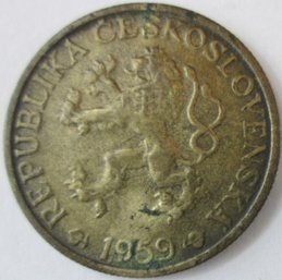 Authentic CZECHOSLOVAKIA Issue Coin, Dated 1959, One 1 Koruna, Aluminum Bronze Content, Discontinued Design