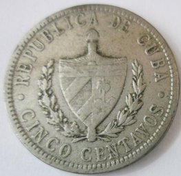 Authentic CUBA Issue Coin, Dated 1920, Five 5 Cinco Centavos, Copper Nickel Content, Discontinued Design