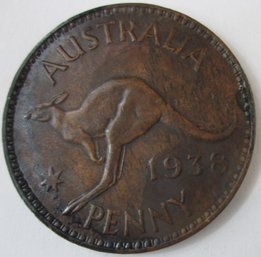 Authentic AUSTRALIA Issue Coin, Kangaroo One 1 PENNY, Dated 1938, Depicts GEORGE VI, Copper Content