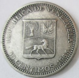 Authentic VENEZUELA Issue Coin, Dated 1965, Fifty 50 Centimos, Nickel Content, Discontinued Design