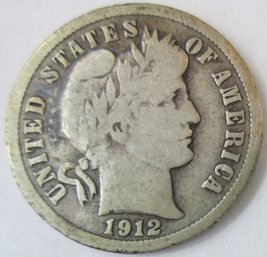 Authentic 1912D BARBER Or LIBERTY SILVER DIME $.10, Denver Mint, 90 Percent Silver, United States