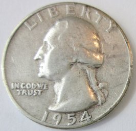 Authentic 1954P WASHINGTON SILVER QUARTER Dollar $.25, Philadelphia Mint, 90 Percent Silver, United States