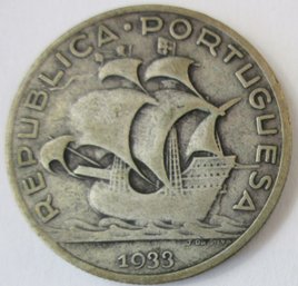 Authentic PORTUGAL Issue Coin, Dated 1933, Five 5 ESCUDOS, Silver Content, Discontinued Design