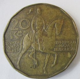 Authentic CZECH REPUBLIC Issue Coin, Dated 1993, Twenty 20Koruna, Brass Steel Content, Discontinued Design