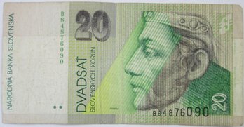 Authentic SLOVAKIA Issue Bank Note, Dated 1997, Genuine Twenty 20 KORUN Denomination Currency