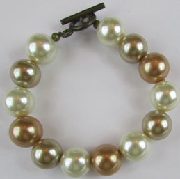 Vintage Bead BRACELET, Chunky Faux PEARL Beads, Base Metal Hook & Loop Closure