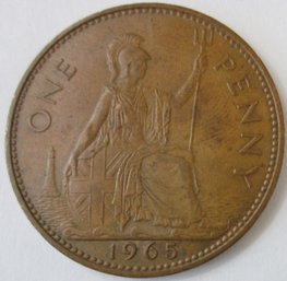 Authentic UNITED KINGDOM Issue, Dated 1965, One 1 Penny, Depicts ELIZABETH II, Bronze Content