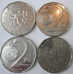 SET Of 4! Authentic CZECH REPUBLIC Issue Coins, Dated 1993 & 97, Two 2 Koruny, Nickel Steel Content
