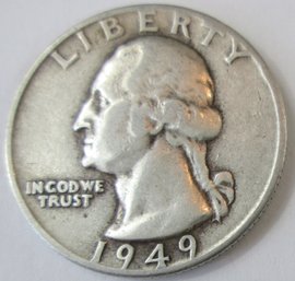 Authentic 1949P WASHINGTON SILVER QUARTER Dollar $.25, Philadelphia Mint, 90 Percent Silver, United States