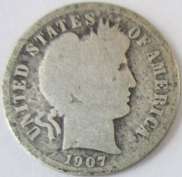Authentic 1907P BARBER Or LIBERTY SILVER DIME $.10, Philadelphia Mint, 90 Percent Silver, United States