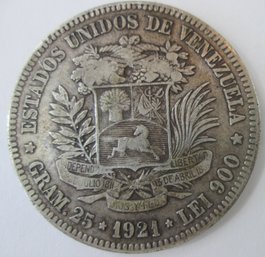 Authentic VENEZUELA Issue Coin, Dated 1921, One 1 Bolivar, 25 Gram, Silver Content, Silver Dollar Size